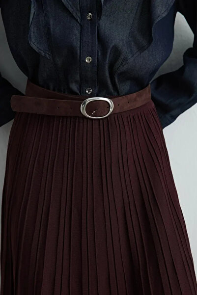 Gusto Long Knit Pleated Skirt - Brown