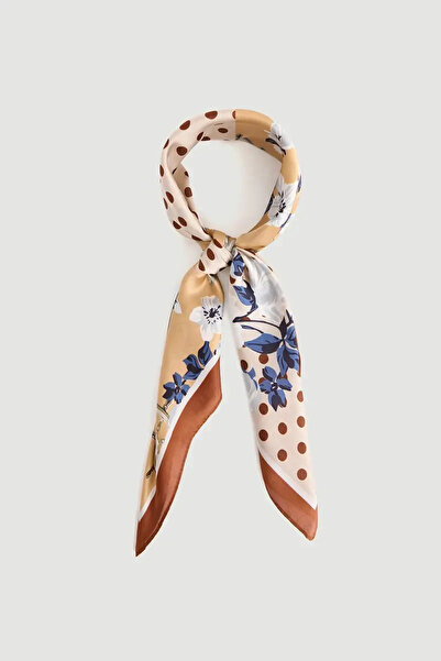 Gusto Large Scarf with Polka Dot and Floral Pattern - Beige