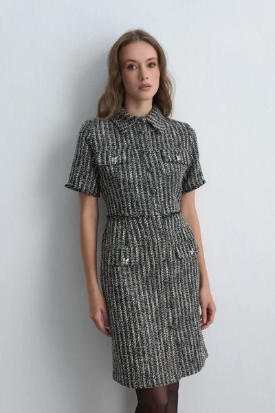 Gusto Short Sleeve Fitted Tweed Dress - Black
