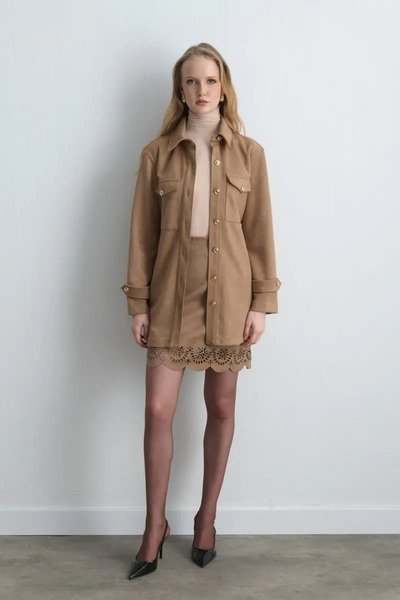 Gusto Beli Belted Faux Suede Jacket - Beige