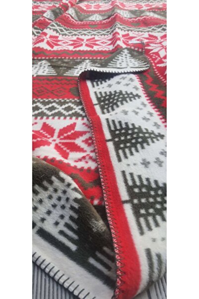 aktartekstil Διπλή χειμωνιάτικη βαμβακερή κουβέρτα - Πρωτοχρονιάτικο ελάφι, μοτίβο πεύκου