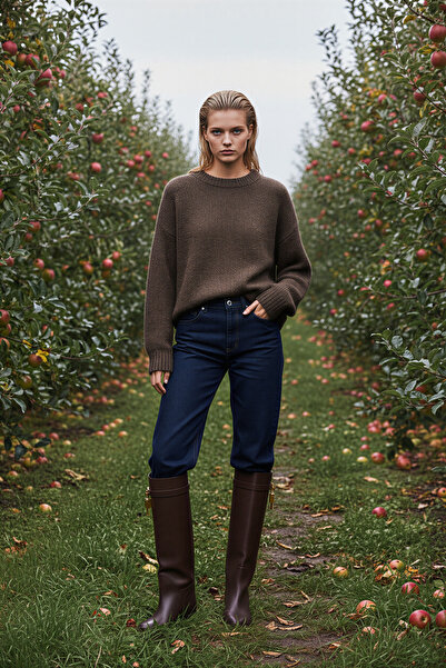 Amia&Co. Bitter Brown guler rotund basic Tricotaj Pulover pentru femei