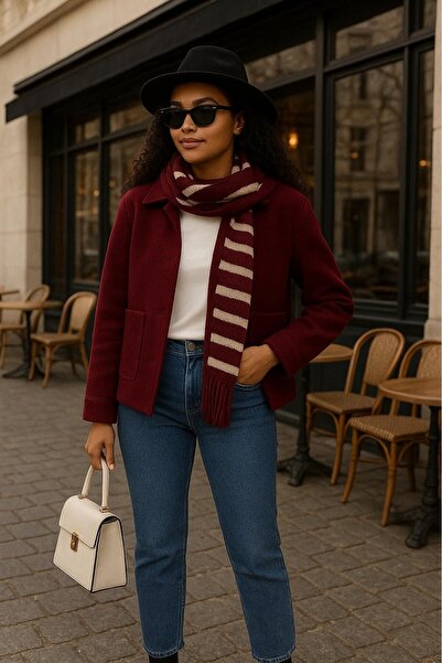 OykWear Kadın Düğme Detaylı Bordo Kısa Mont Ceket