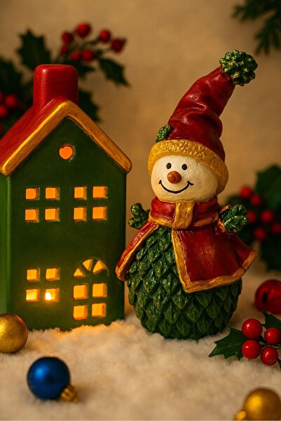 Uretti - Funda 1603 El Yapımı Kardan Adam Biblo ve Seramik Tealight Mumluk Se...