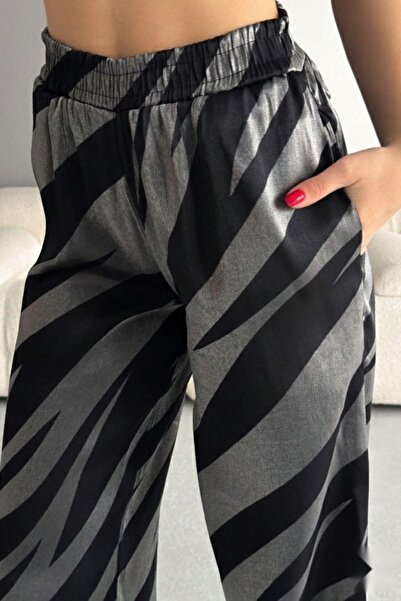 Mossta Παντελόνι Palazzo με ελαστική μέση και μοτίβο με τσέπες, μαύρο