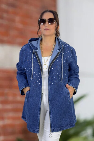 yagmurberen Hooded Denim Jeans Jacket in Extra Battal Large Size with Stone Embellishment Detail.