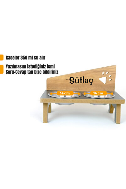 RealWood Özel Isim Baskılı, Ahşap, Çelik Kâseli Kedi- Köpek Mama Ve Su Kabı -...