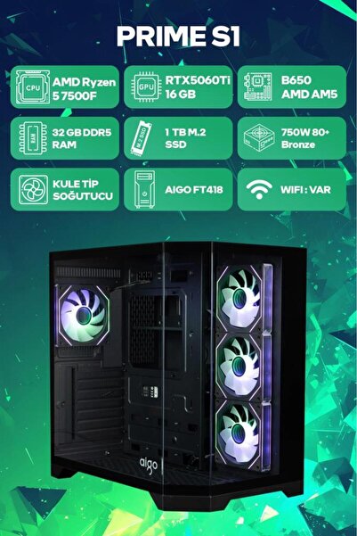 Game Garaj Prime S1 AMD Ryzen 5 7500F 32GB RAM 1TB SSD RTX5060Ti 16GB FreeDOS Oyuncu OEM Paket