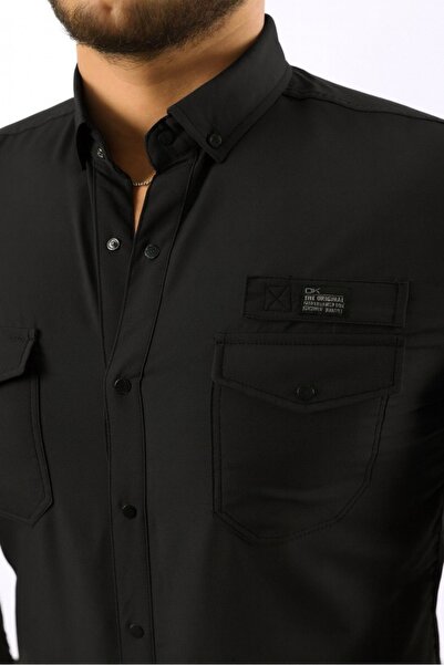 comstar Men's Parachute Fabric Long Sleeve Slim Fit Black Shirt with Pockets