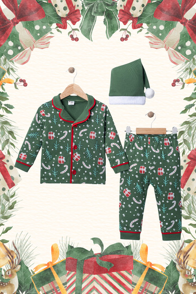 minilovebaby New Year Baby Pajamas Set Pine Tree Printed Green 100% Cotton with Santa Claus Hat
