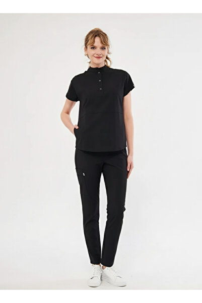 Class Üniforma Nova - Μαύρος γυναικείος γιακάς Lycra Judge με κουμπωτά και εύκαμπτα τζέρσεϊ