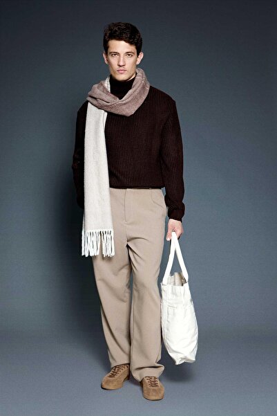 ablukaonline Men's Oversized Turtleneck High Neck Sweater Brown