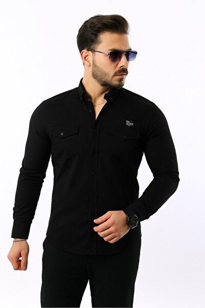 comstar Men's Parachute Fabric Long Sleeve Slim Fit Black Shirt with Pockets