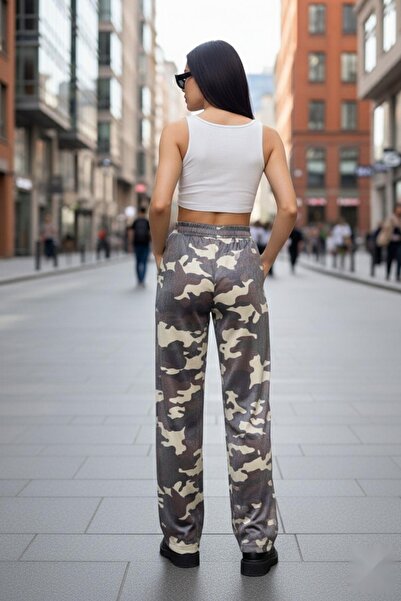 Mossta Green Patterned Palazzo Trousers - with Elastic Waist and Pockets