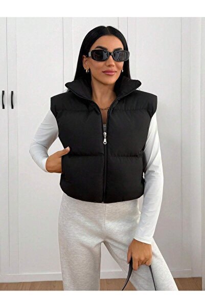 MONAMORE Women's Black Padded Crop Puffer Vest