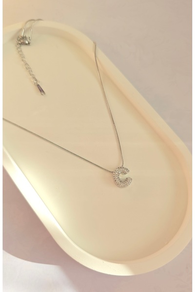 MİLUNXTE Taşlı C Harf Kadın Kolye – C Harfli Çelik Kolye - Gümüş Renk C Harfl...