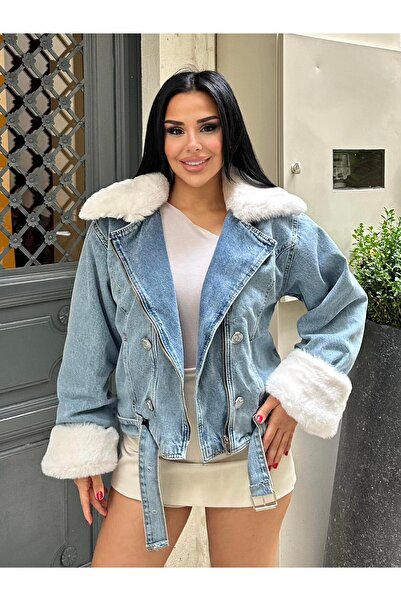 QİMYA BUTİK Sagi̇ Women's Cuff & Collar Fur Detailed Metal Button Cross Zipper Inside Fully Fur-Lined Denim Coat