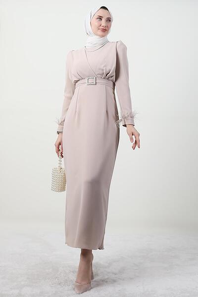 giz astore Tüy Detay Tesettür Elbise Açık Pudra