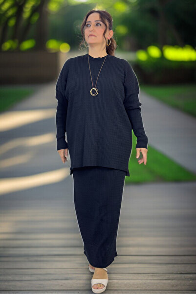 yagmurberen Hair Braiding Pattern Circular Necklace Long Sleeve Blouse Elastic Waist Skirt Plus Size Mercerized Double Set