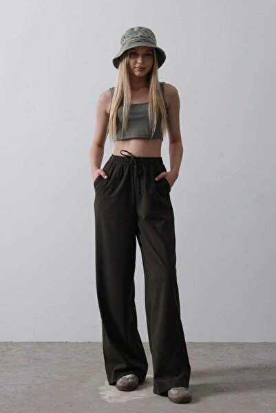 gl00my Wide Leg Trousers with Elastic Waist - Dark Khaki