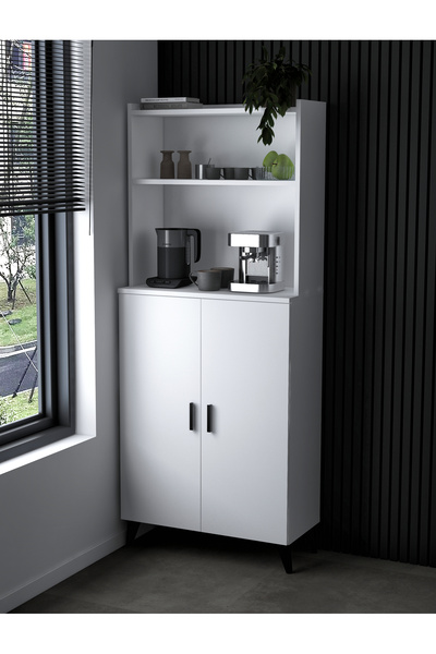 Alesta Life Kahve Köşesi Standı Beyaz | Çok Amaçlı Raflı ve 2 Kapaklı Mutfak Banyo Kiler Dolabı