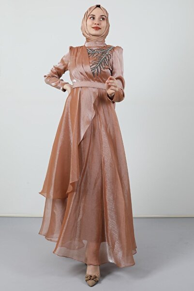 Giza Giyim Taşlı Organze Abiye Pudra