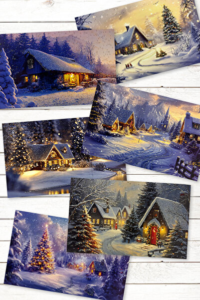 Bimotif 6lı Simli Kartpostal Seti, Yılbaşı, Kış Evleri