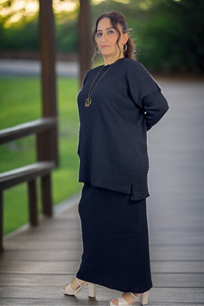 yagmurberen Hair Braiding Pattern Circular Necklace Long Sleeve Blouse Elastic Waist Skirt Plus Size Mercerized Double Set