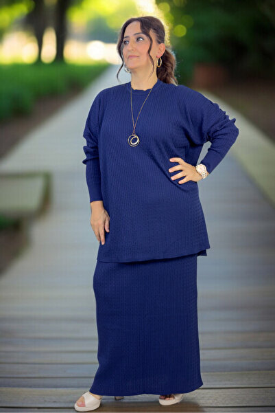 yagmurberen Hair Braiding Pattern Circular Necklace Long Sleeve Blouse Elastic Waist Skirt Plus Size Mercerized Double Set