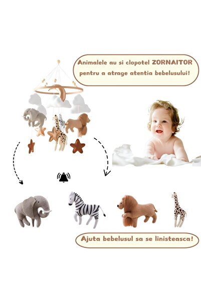 Arelair Magic Box Safari baby crib carousel made of wood and fabric, handmade, without stand