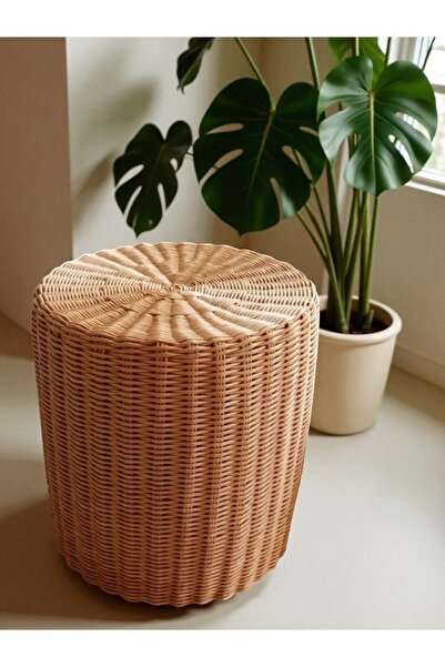 Joujou Dekoratif Hasır Rattan Sehpa ve Puff | 35 x 40 cm Oturma Odası & Salon | El Yapımı Doğal Rattan