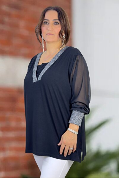 yagmurberen Silvery Sleeves on the Neck and Sleeves Chiffon Mini Slit V-Neck Plus Size Blouse