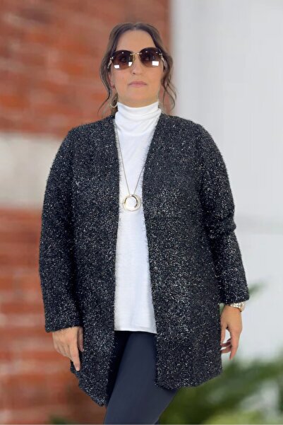 yagmurberen Silvery Yarn Knitted Long Sleeve Unclosed Cardigan Jacket