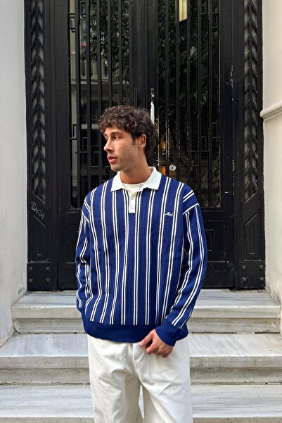 Flaw Wear Pulover din tricot cu dungi brodate la fața locului, albastru marin