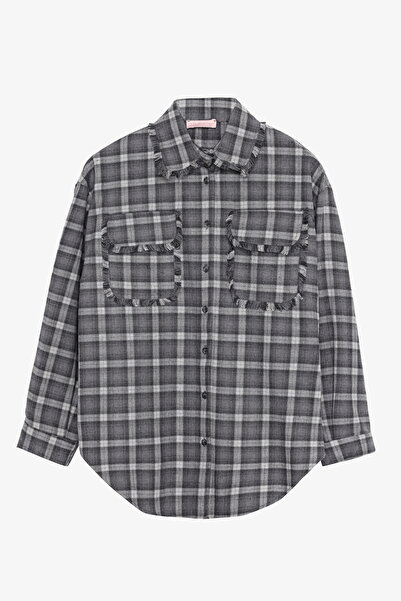 Quzu Plaid Tassel Pocket Oversized Shirt Gray