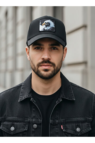 Trucker Kartal Model Değiştirilebilir Armalı Fileli Şapka Siyah