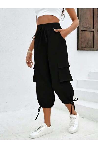 Queene Dreams Women's High Waist Elastic Waist Lace up Pocket Cargo Viscose Two Thread Pants