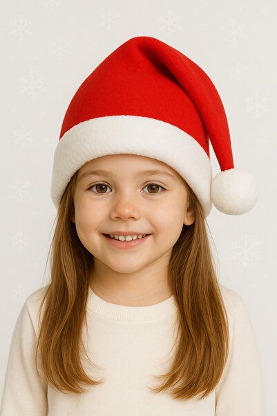Parti Kırtasiye Polar Yılbaşı Noel Baba Şapkası Ucu Ponponlu Yeni Yıl Partisi Kırmızı Beyaz Yerli üretim çocuk boy