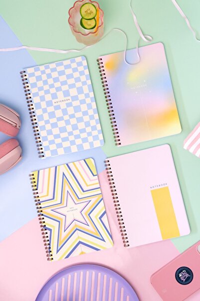 PAPERORA A5 Spiralli Karton Kapak Kareli Okul Defteri 80 yaprak 4'lü Set - Ders Programlı - Renkli