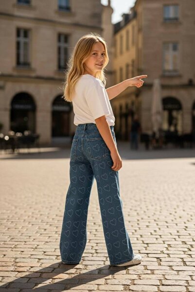 ASL GOLF CLUB Kék lányok 100% pamut szívmintás, széles szárú farmernadrág, farmer 3-14 ÉVES KOROSZTÁNYOKNAK