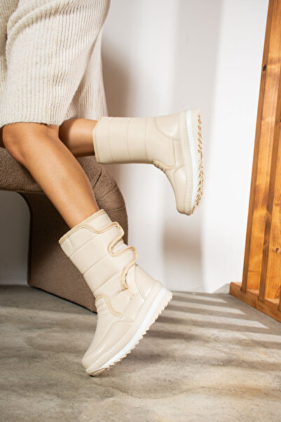 Nstil Beige Women's Snow Boots - Casual, Furry Inside, Velcro Non-Slip Sole, Model 802