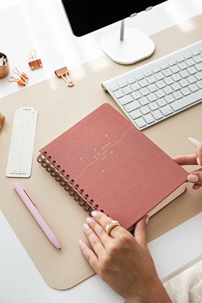 PAPERORA A5 Spiralli Sert Kapak Keten Kareli Tarihsiz Not Defteri Pembe