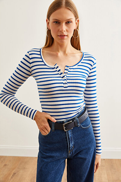 Olalook Saks Blue Placket Thick Ribbed Camisole Women's Blouse - BLZ- 19000588