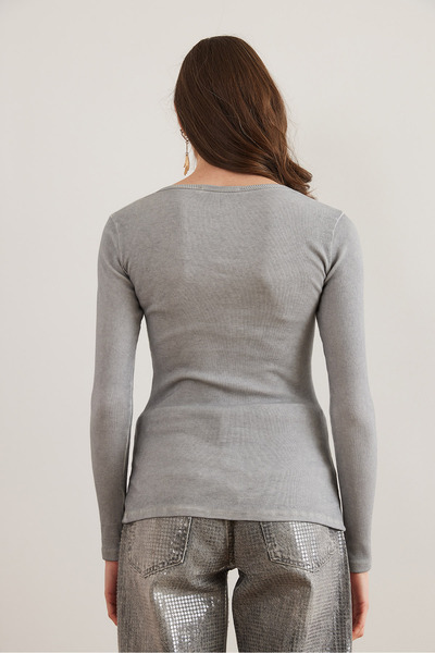 Olalook Gray Washed Placket Camisole Women's Blouse - Blz- 19000588