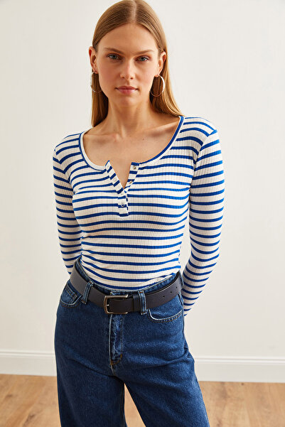 Olalook Saks Blue Placket Thick Ribbed Camisole Women's Blouse - BLZ- 19000588