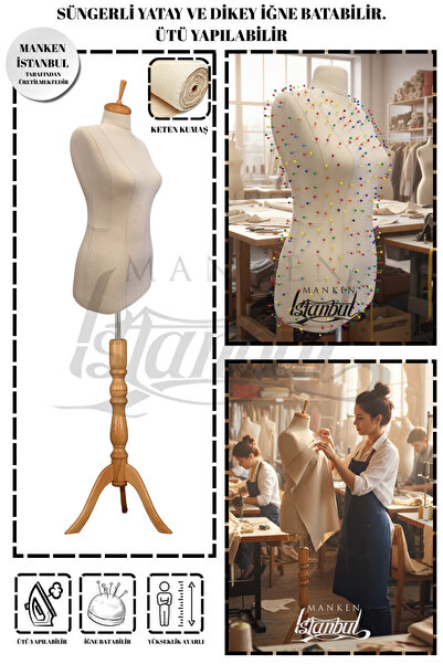 Manken İstanbul 46 Beden Yüksek Kalite Keten Kumaşlı Prova Mankeni Terzi Mankeni