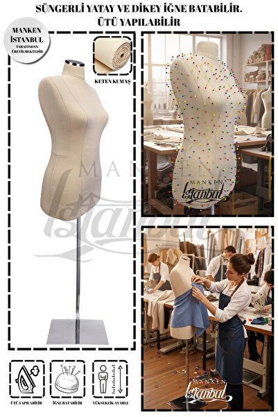 Manken İstanbul 40 Beden Yüksek Kalite Keten Kumaşlı Süngerli Prova Mankeni T...