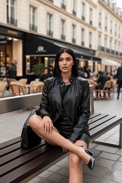 Mossta Double Pocket Side Zipper Leather Jacket Black