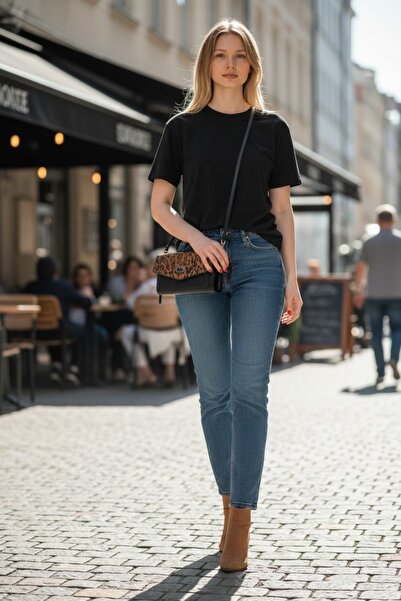 Lux Leder حقيبة كتف نسائية من الجلد الطبيعي بطباعة ثعبان النمر الأسود