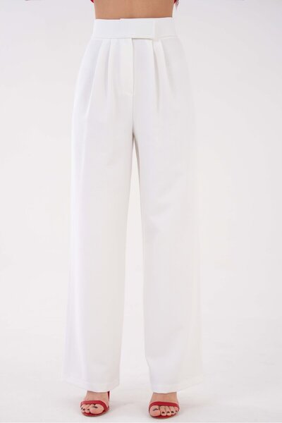 Saade حزام فيلكرو عالي الخصر مزدوج الطيات منسوج بنطلون واسع الأرجل